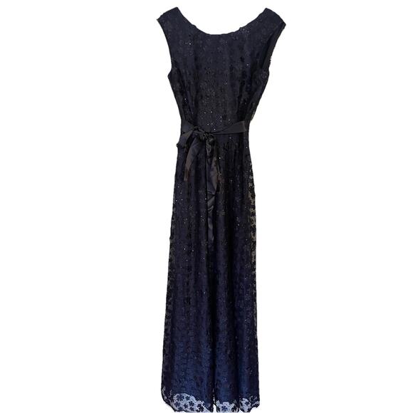 Tahari Midnight Blue 3D Floral Applique Cap Sleeve Ribbon Tie Sash Maxi Gown 6 - Picture 3 of 6